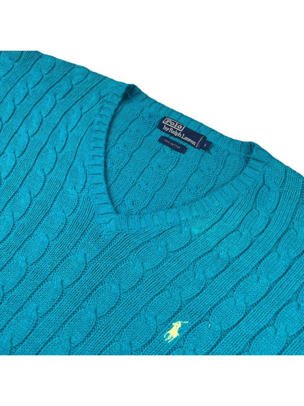VTG Polo Ralph Lauren Men's 100% Cotton Cable-Knit V-Neck Sweater Teal • Large